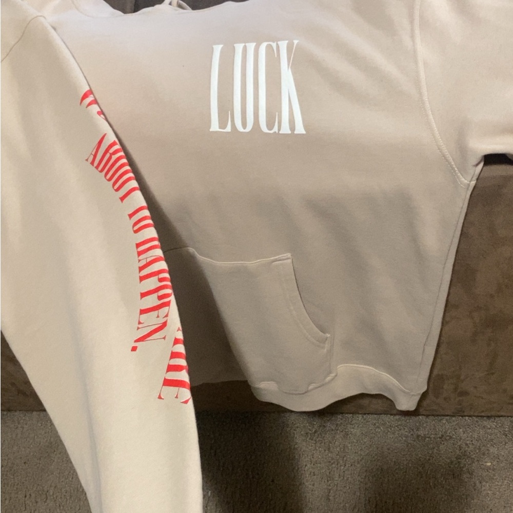 Beige Hoodie with Red and White Print